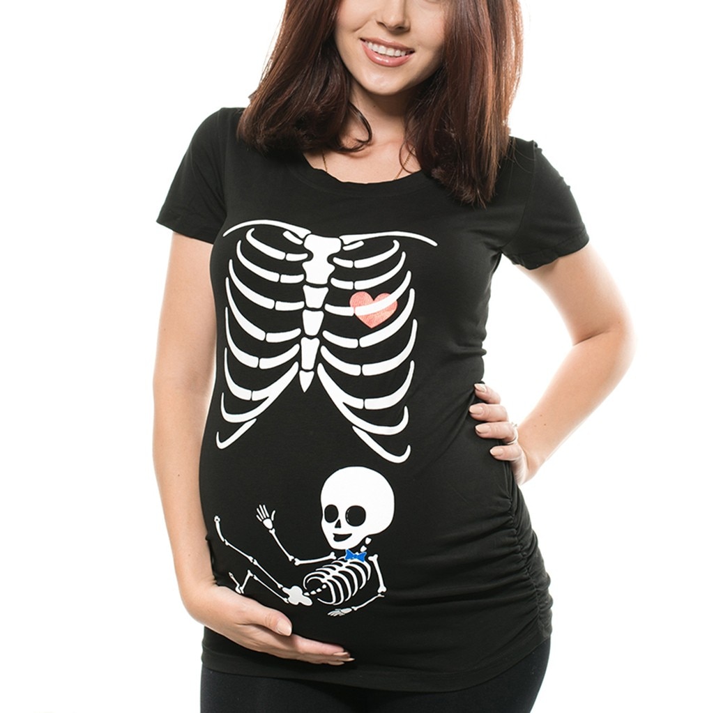 Femmes maternité manches courtes squelette imprimé hauts T-shirt vêtements décontractés enceinte chemise en mousseline pour enfants chemise pour enfants