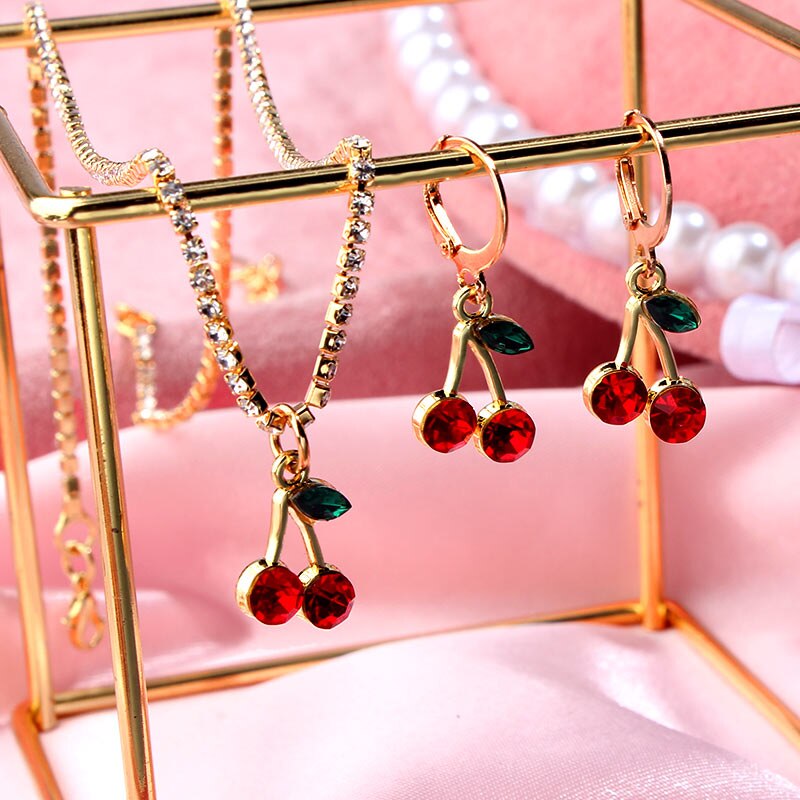 Koreanisch Süße Nette rot Kirsche Schmuck einstellen Für Frauen Bling Kristall Anhänger Halskette und Ohrring setzt Schmuck Party
