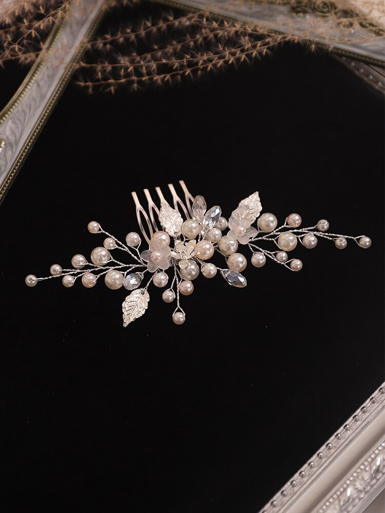 Hochzeit Zubehör Tiara Haar Stift Silber Perle Kristall Blätter Haar kamm Braut zu werden Kopfschmuck Frauen Braut haar schmuck