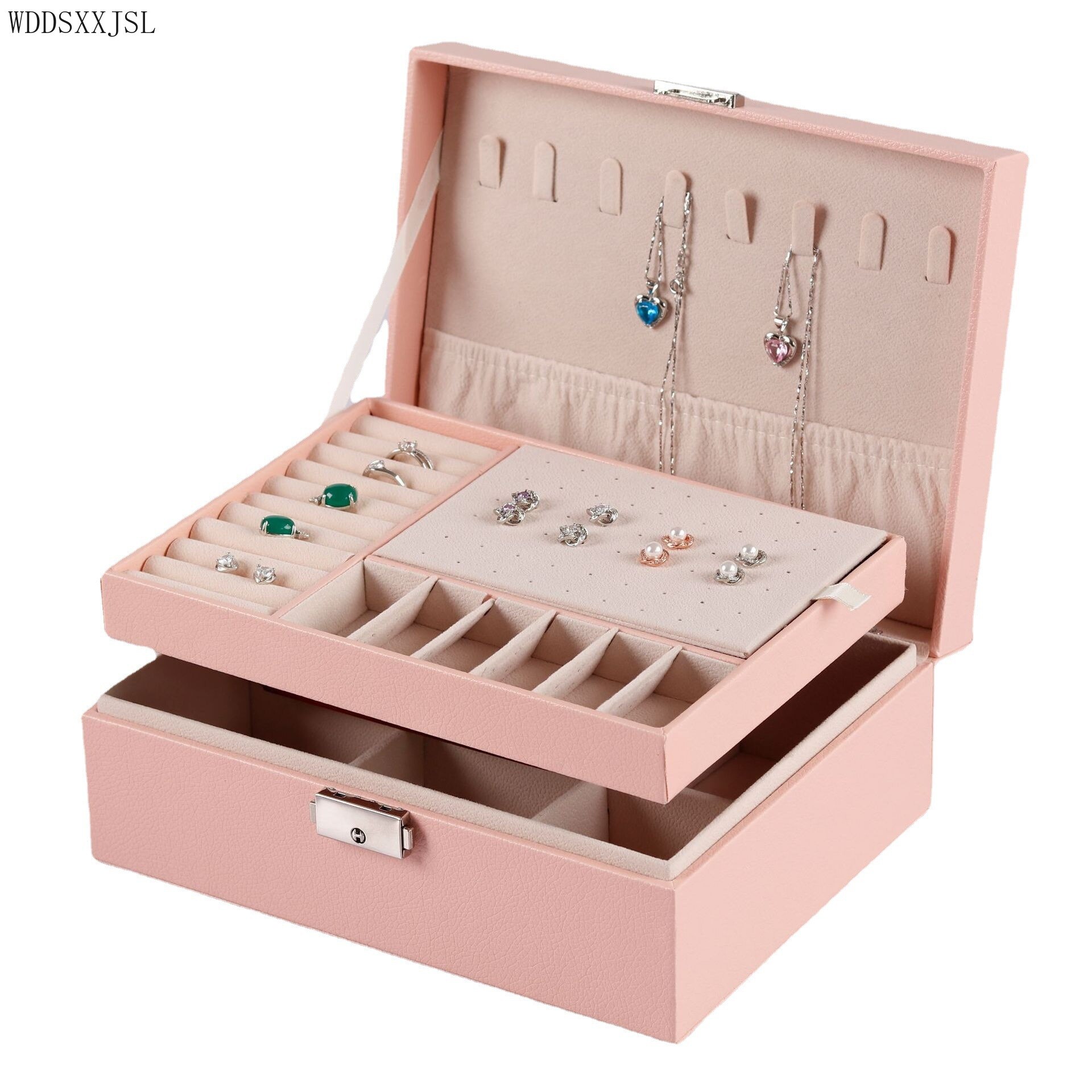 Pink Leather Double layer Ring Earrings Necklace Box Watch Box Multifunctional Storage Display Packaging Box Home Decoration