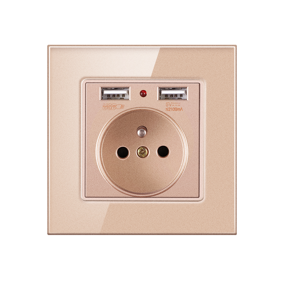 NOVSKI French Power Socket, Electrical French Outlet, 2.1A Dual USB Charging Port with Soft LED Indicator, White, Black, Gold