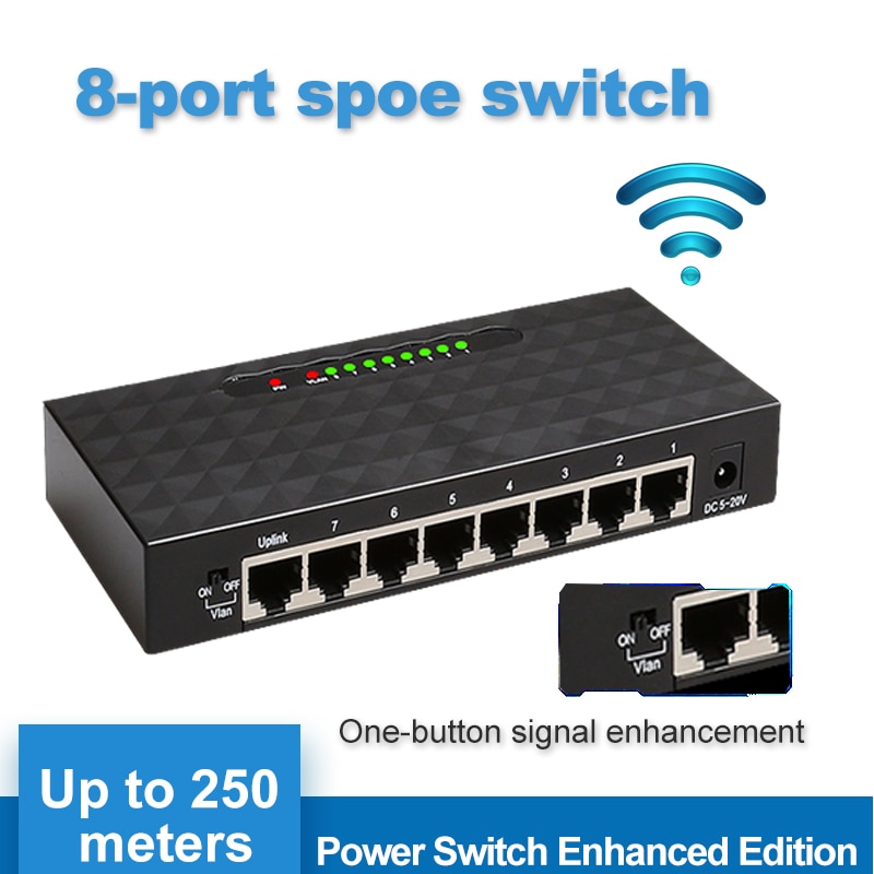 8 Port SPOE Switch Ethernet with 90W Power Adapter for Network IP Cameras Or Wireless AP/ 6 PoE Splitter suitable for CCTV 250M
