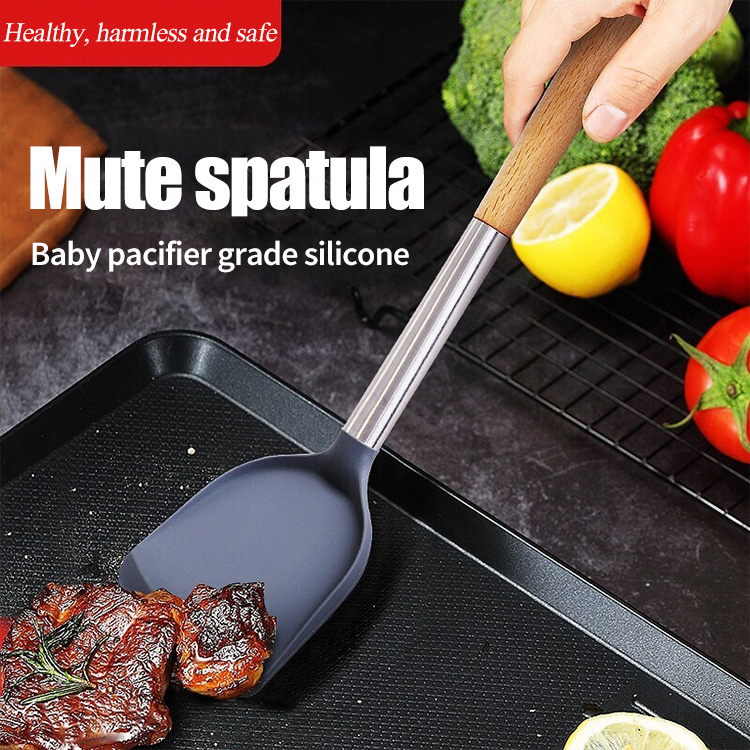 Food grade silicone spatula non-stick special cooking long beech handle spoon kitchen cooking tools Kitchenware non-slip