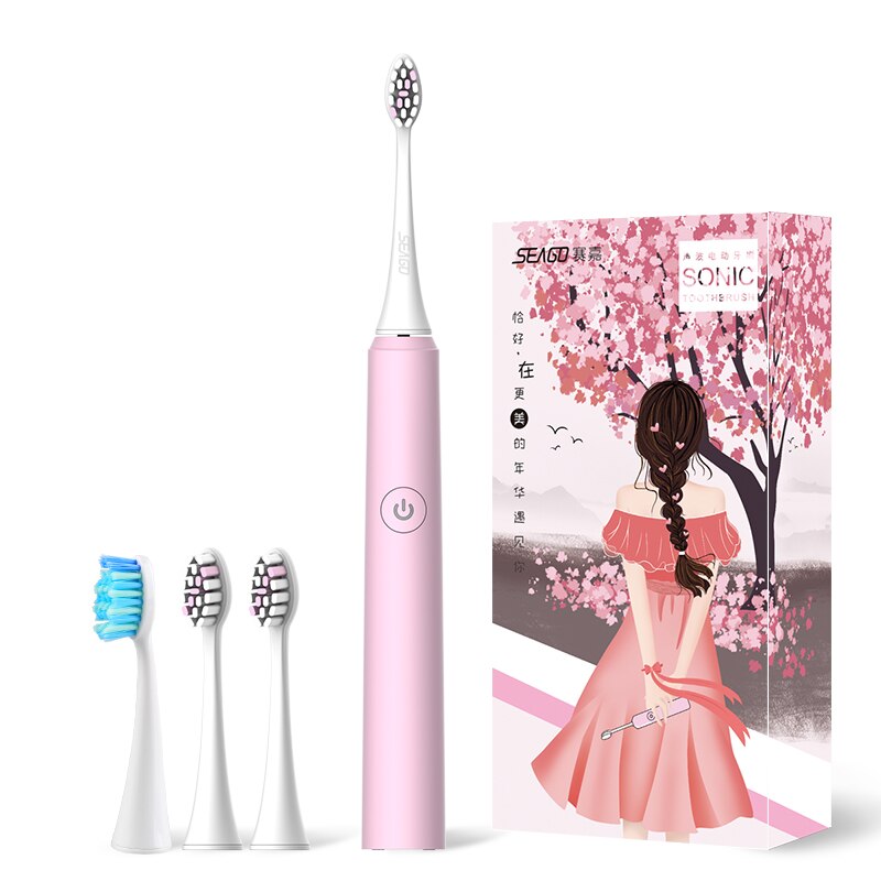 Seago elektrisk sonisk tandbørste 5 tilstand genopladelig automatisk udskiftning tandbørste voksen vandtæt hvidere bedst: Lyserød 2
