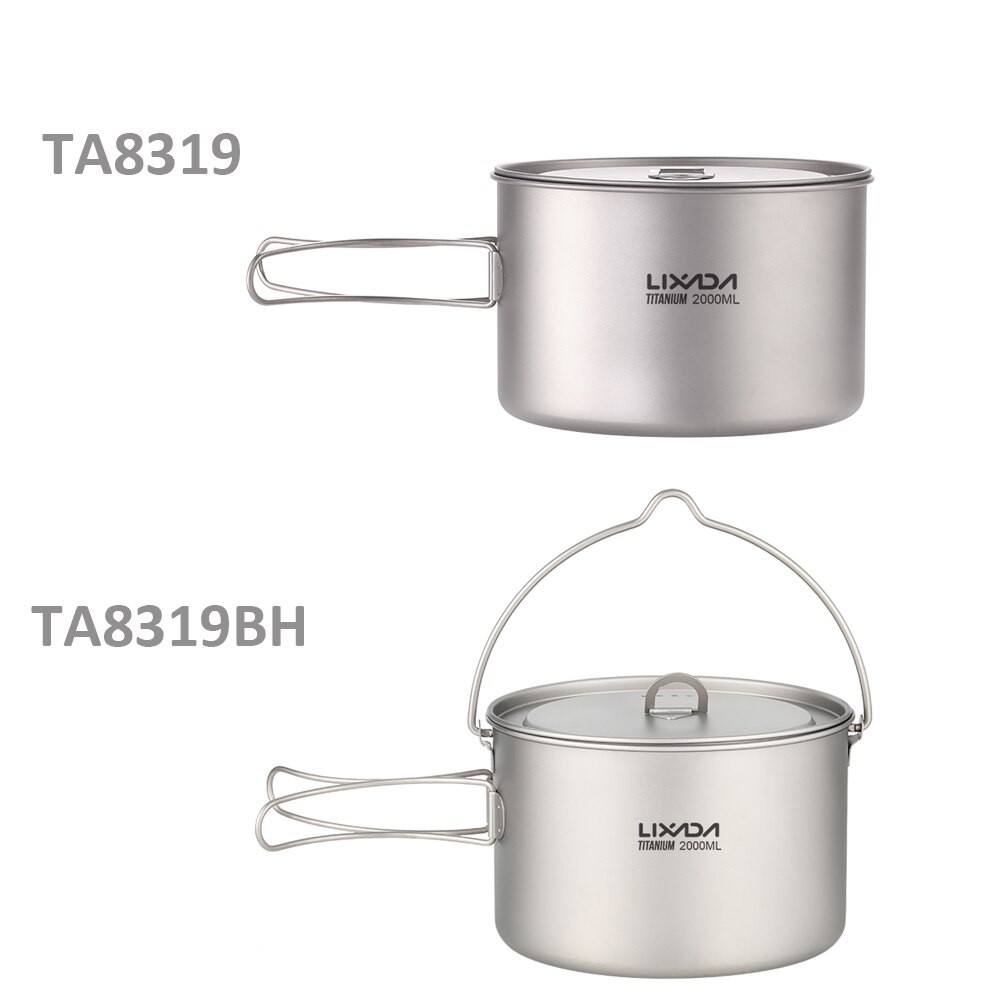 Lixada 2L Titanium Pot Lightweight Outdoor Cup Camping Cooking Pot with Foldable Handles and Lid for Camping Hiking Picnic