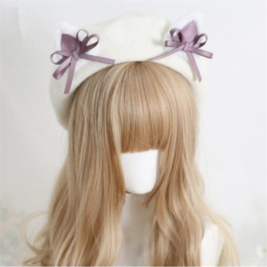 Kawaii Vrouwen Hoed Baret Wol Leuke Kat Oren Hoed Winter Warm Cap Lolita Hoofd Slijtage D1046: color 17