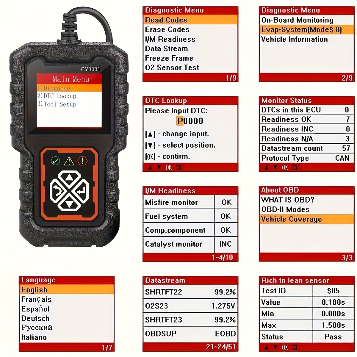 Lector de código de herramienta de diagnóstico del escáner OBD2 del coche, escáner de código de falla del motor del probador de voltaje del coche, diagnóstico del probador de carga cy3001B