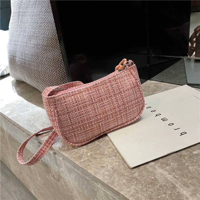 Bolso de hombro Retro , bolso de mano Vintage, bolso Hobos para mujer, Bolso Baguette femenino de lona, Mini Bolsa subaxilar femenina: Pink