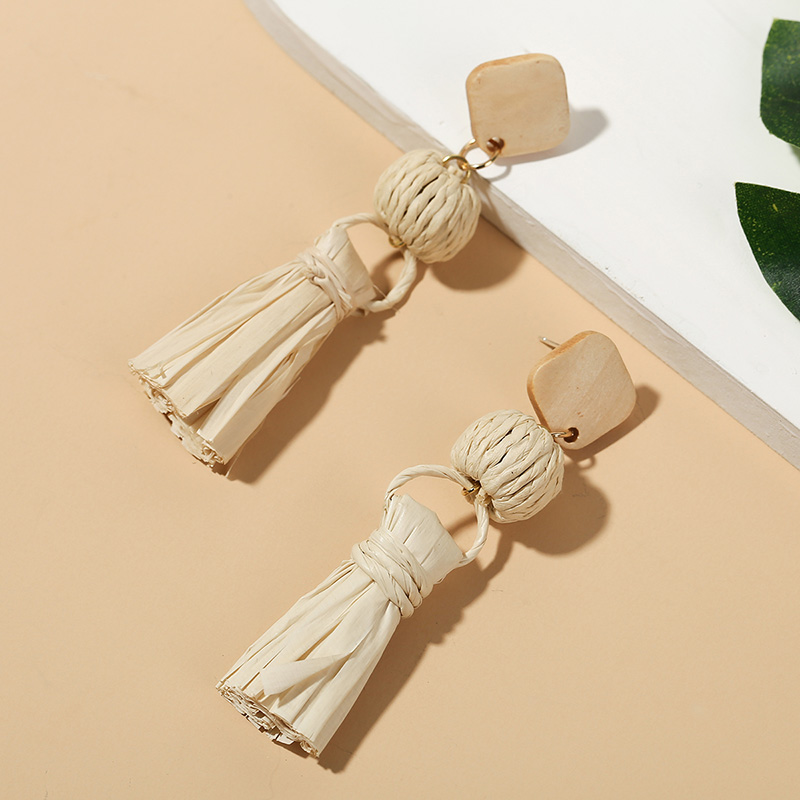 Bohemian Female Handmade Woven Vine Rattan Straw Earrings For Women Boho Geometric Square Wooden Dangle Earring Jewelry
