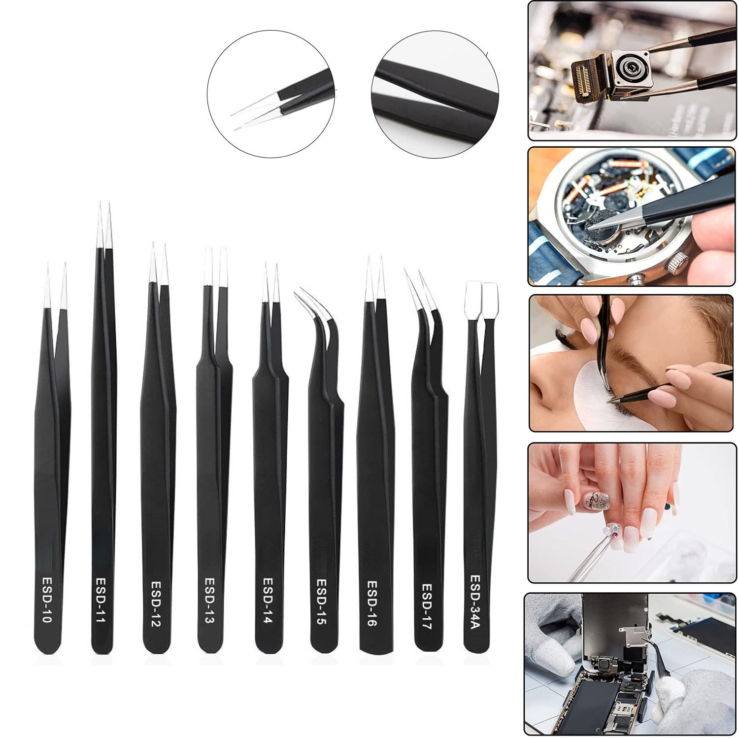 ESD Tweezers Tools Kit Precision Anti-Static Stainless Steel Tweezers Hand Repair Tool For Soldering Electronics Craft Lab Home
