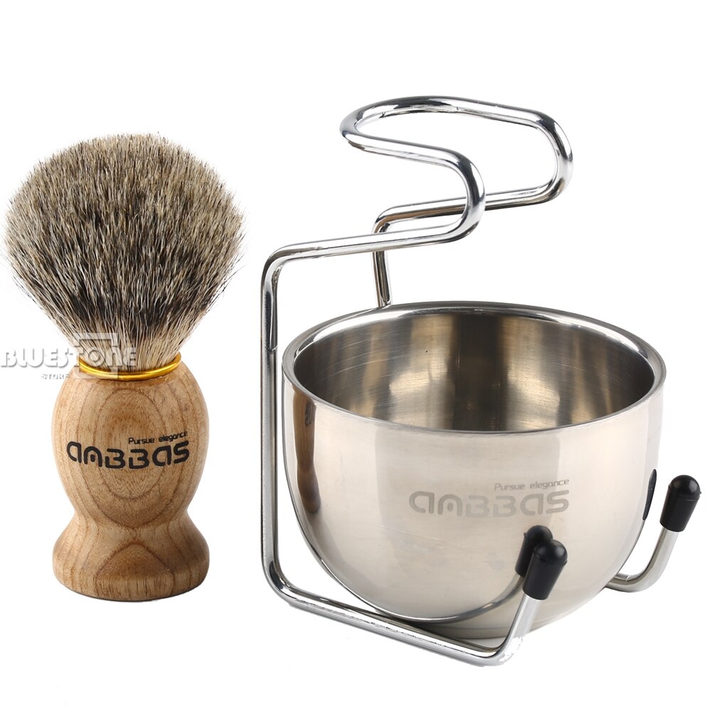 Anbbas Dassenhaar Scheerkwast + Rvs Shave Brush Stand en Kom