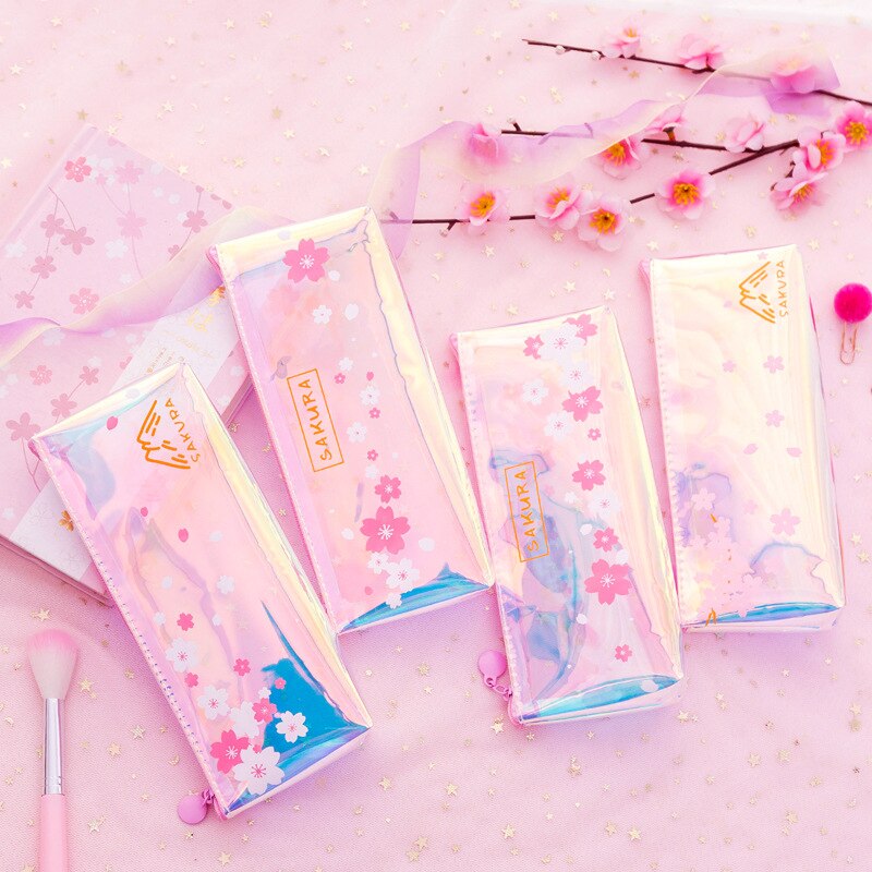 Kawaii Holografische Etui Bloem Potlood Doos Leuke Glitter Roze Pen Geval Voor Meisjes Kids Koreaanse Briefpapier Schoolbenodigdheden