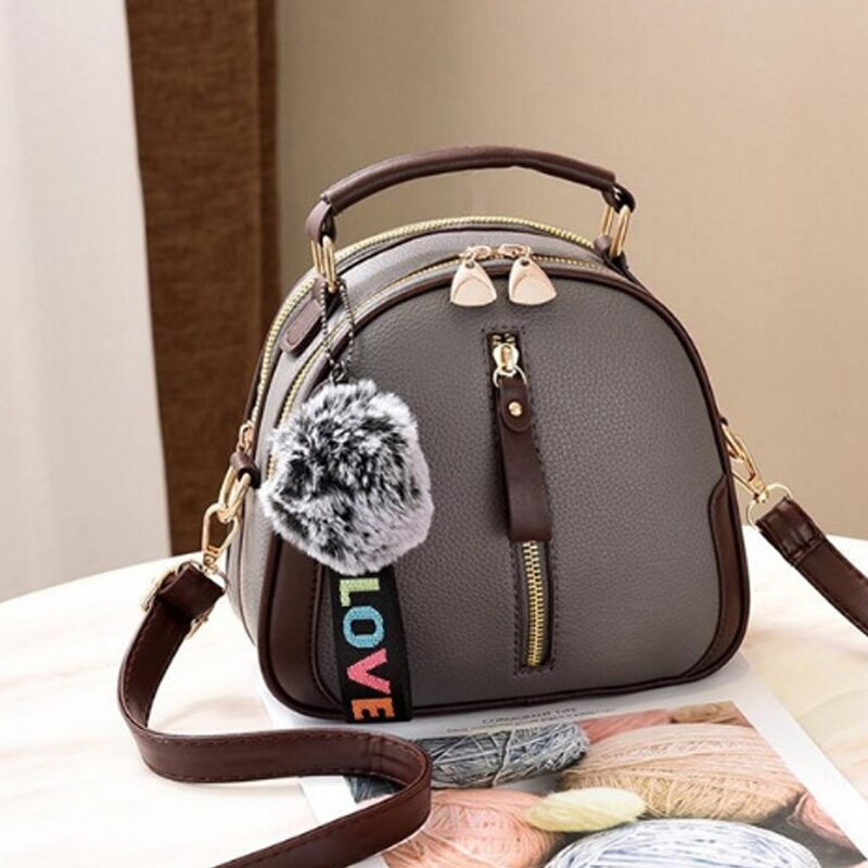 Brand Effen Kleur Vrouwen Shell Tas Draagbare Schoudertas Mode Pu Lederen Elegante Vrouwelijke Tas Met Grijs Haar bal: Gray