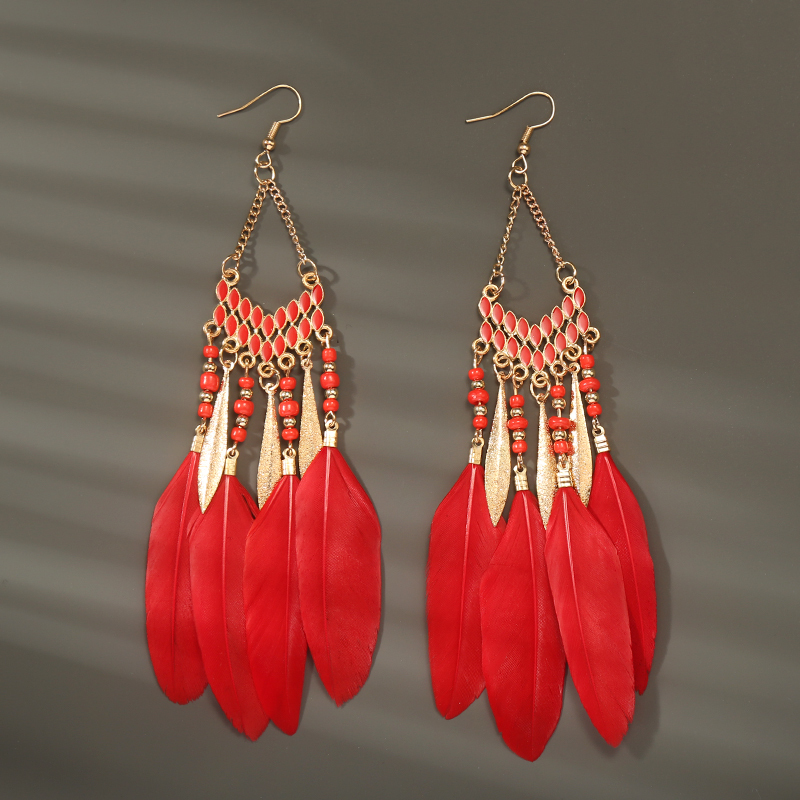 Pendientes bohemios largos de plumas colgantes para Mujer, Pendientes largos de playa con borlas, Pendientes esmaltados de flores hechos a mano, Pendientes de boda para novia para Mujer