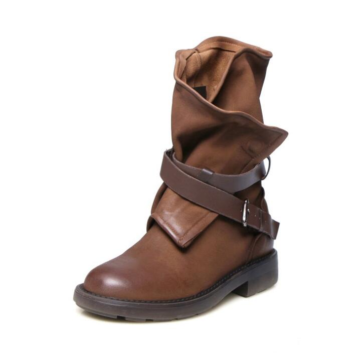 Frauen Jahrgang Mittlere Waden Stiefel Weiche Leder Schuhe Weibliche Herbst Winter Motorrad Stiefel Komfortable Frauen Botas 362
