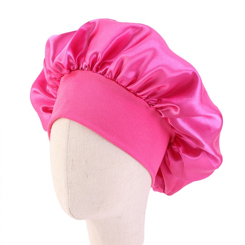 Baby Silky Satin Solid Wide-brimmed Sleeping Hat Girl Night Sleep Hair Cap Bonnet Nightcap For Children Unisex Hair Tool: Rose Red