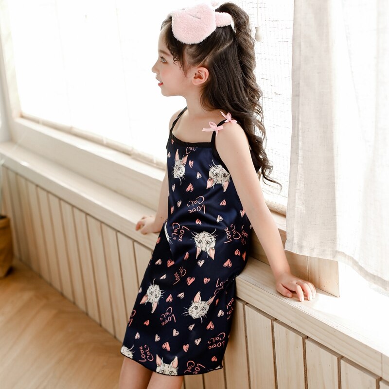 Children Clothing Girl Pajamas Dress Girls Silky Pajamas Sling Dress Nightwear Strawberry Cute Print Pattern Sleepwear Summer: PEACOCK BLUE / 3-4Y