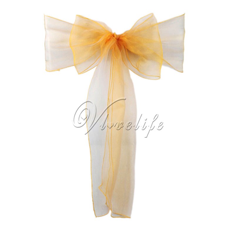 100pcs Chair Sashes Organza Chair Bows Wedding Party Supplies Christmas Valentines Decor Sheer Organza Fabric Chair Decoration: Gold