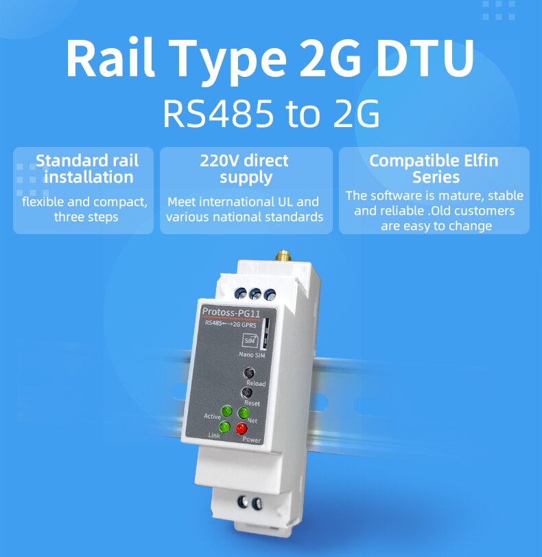 DIN-Rail Serial port RS485 to 2G GPRS GSM converter device server Protoss-PG11 AC110V~220V or DC Support Modbus TCP to RTU