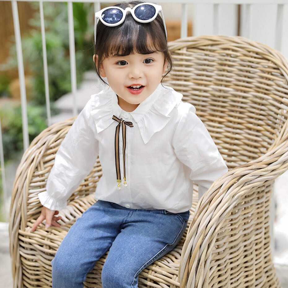 Blouses voor meisjes strik meisje witte blouse linten kinderschool blouse voor meisjes effen kleur kinderkleding meisje