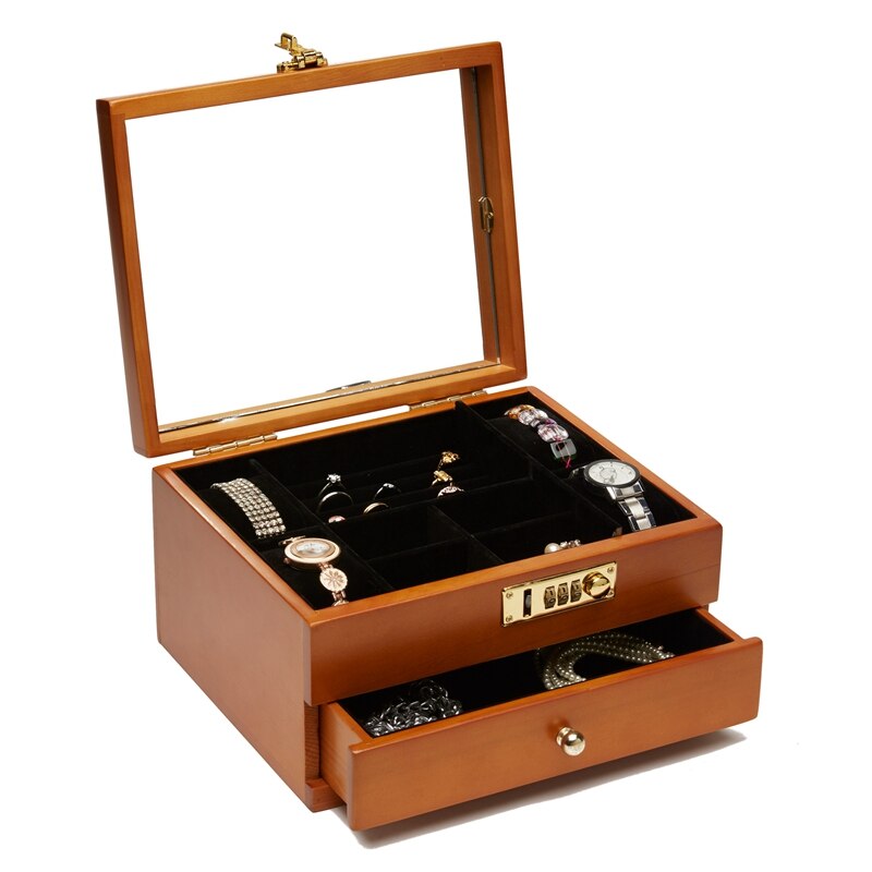 Jewelry Box for Watches with Lock, Wooden Box with Combo Lock, Lockable Organizer Box Wooden Jewelry Storage Container