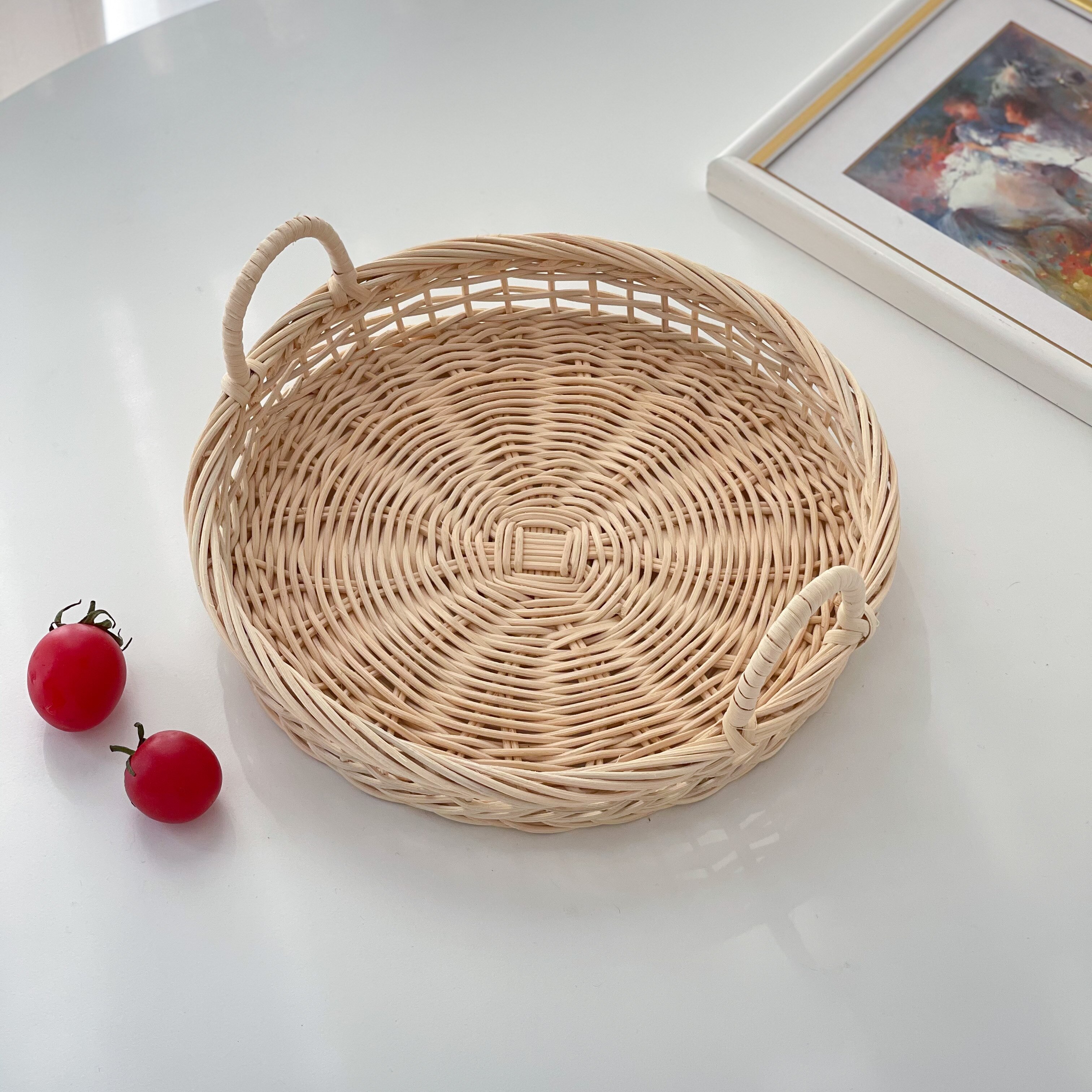 Rotan Fruitmand Hand Geweven Brood Lade Ontbijt Mand Fruit Lade Huishouden Woonkamer Opslag Mand Schieten Servies: D 24x24x4.5cm