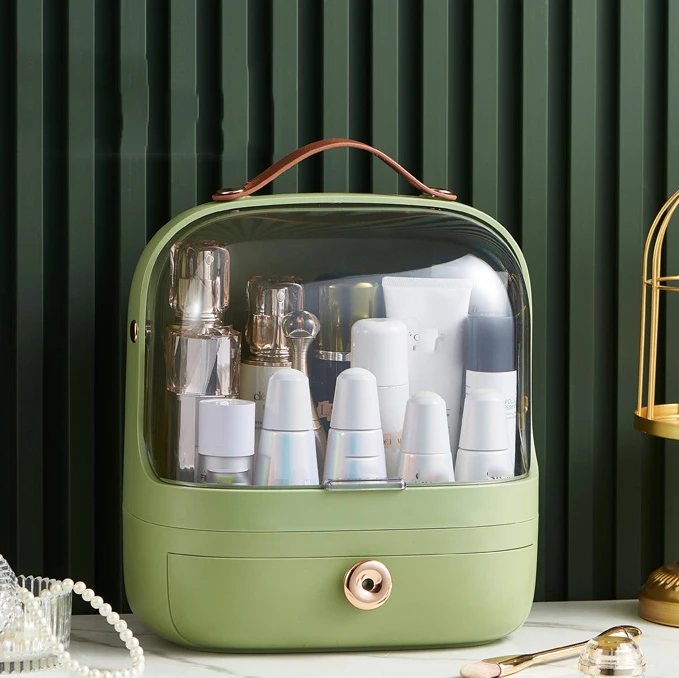 Organizadores de cosméticos de escritorio, caja de almacenamiento de joyería de maquillaje a prueba de polvo de gran capacidad con tapa, organizador impermeable para baño: Verde