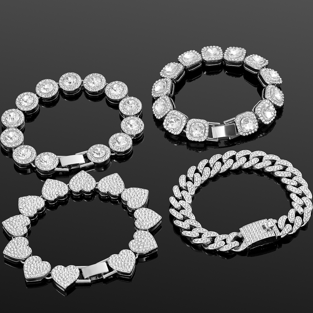 Cadena de tenis con corazón de cristal helado, pulsera de cadena de eslabones cubanos de Miami para mujeres y hombres, pulseras de cadenas gruesas de hip hop, joyería