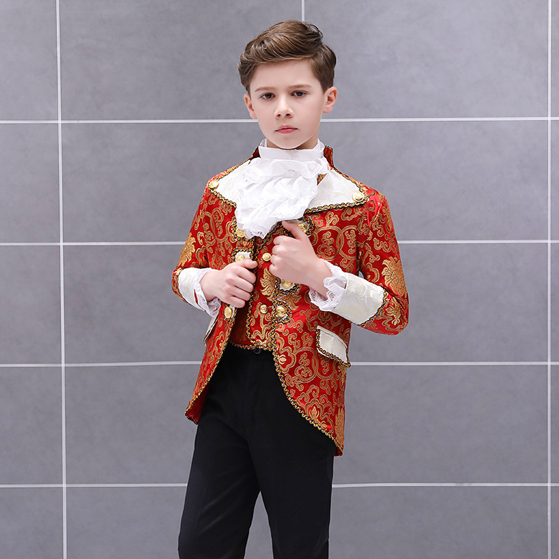 Vêtements de cour européenne rétro pour enfants, Costumes Prince charmant, tenue de soirée, de spectacle, de scène, de théâtre, veste et pantalon pour garçons: red / 140