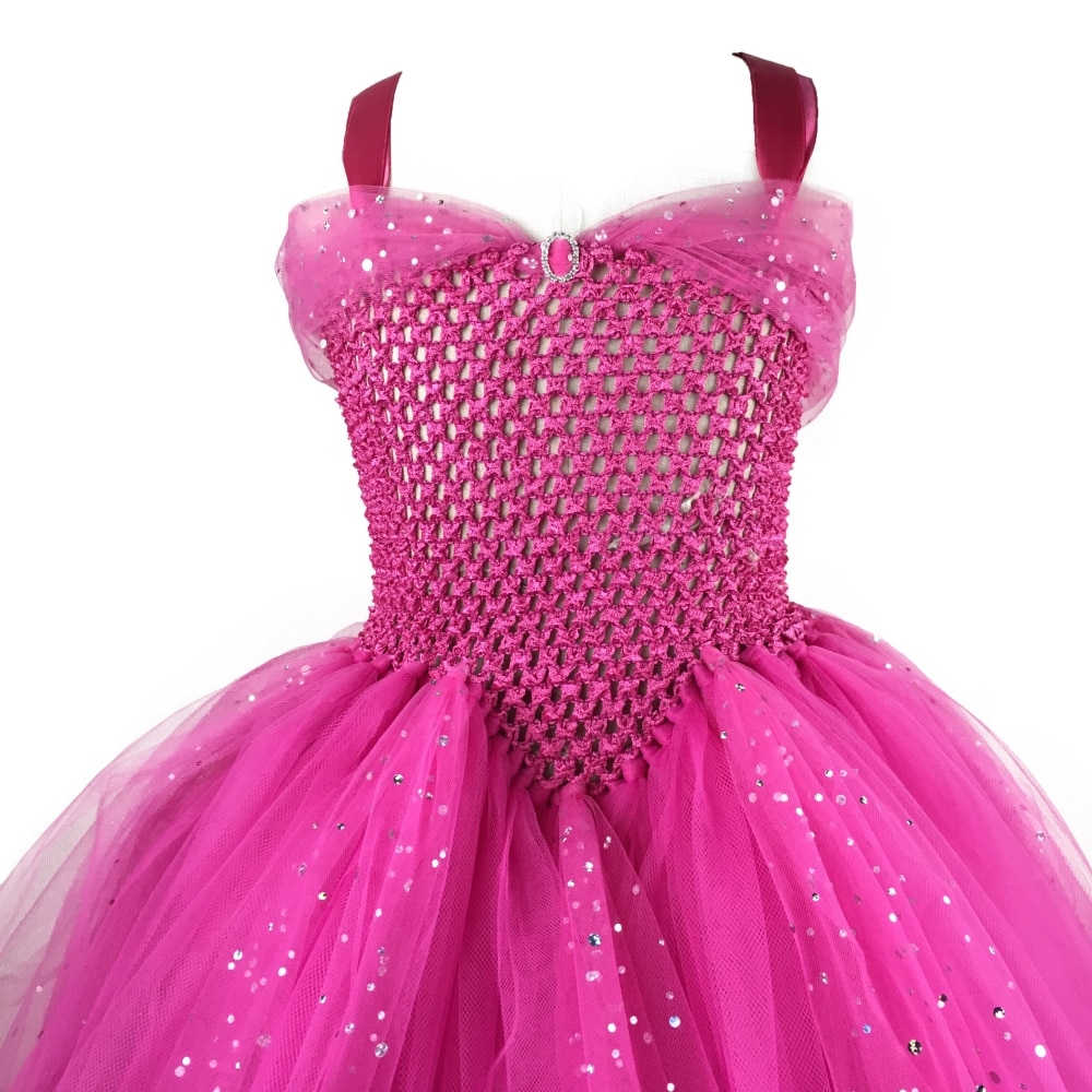 Meisjes Roze Glitter Tutu Jurk Kids Haak Sparkle Tule Jurk Lange Baljurk Kinderen Verjaardagsfeestje Kostuum Prinses Jurk