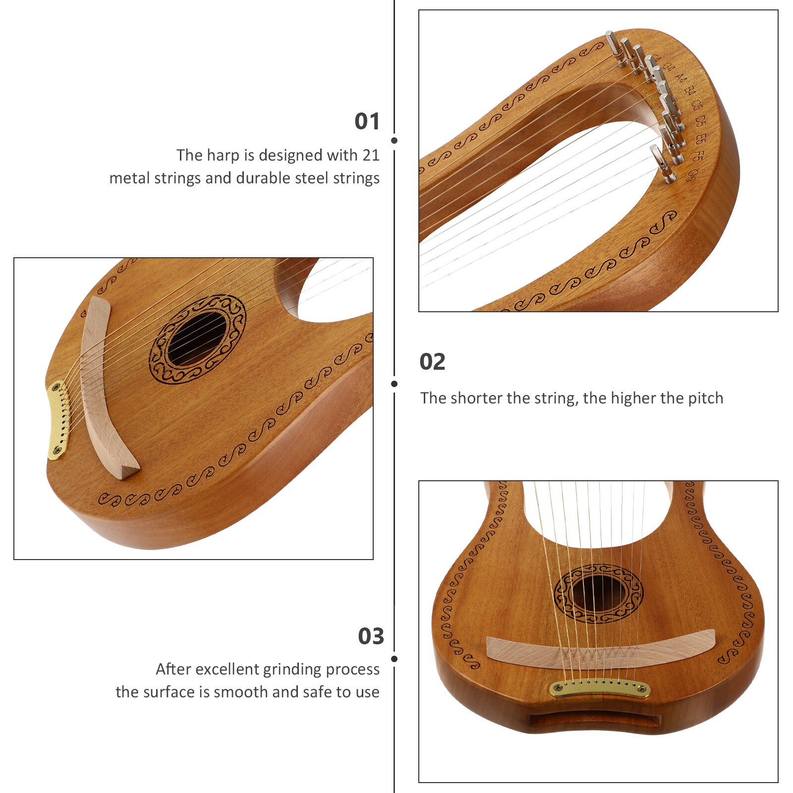 1 Set Lyre Harp Handheld Harp Wood Body 10 Metal Strings String Instrument