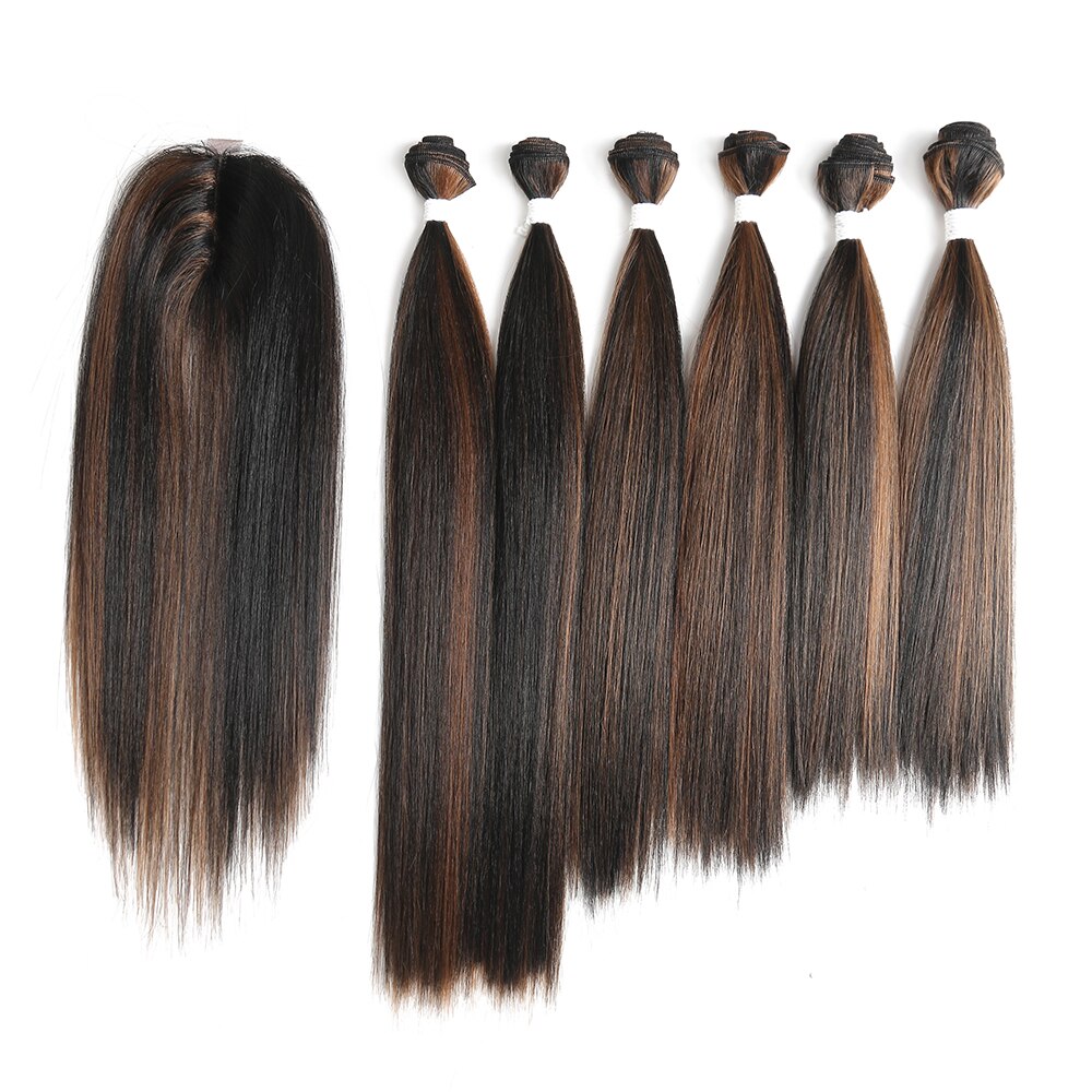 Highlight Synthetic Hair With Lace Closure Weave Bundles Weave Hair Extension Yaki Straight 6 Bundles With Closure SOKU: FM1B-30