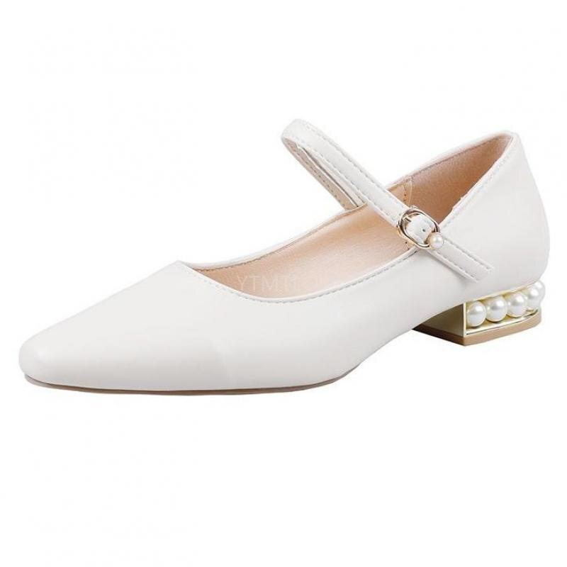 Mode Korte Hakken Schoenen Vrouw Elegante Comfortabele Lady Grote Maat Party Office Wedding Pumps Gesp Zapato Mujer: Beige / 36