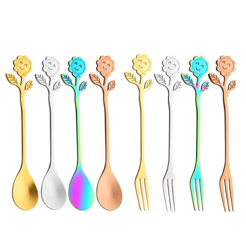 Sunflower Pattern Spoon Fork Stainless Steel Thin Handle Tea Spoon Coffee Stirring Rod Dessert Fork Tableware