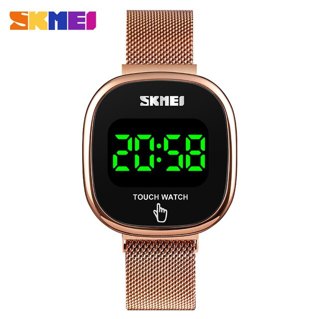 Skmei berøringsskjerm led display digitale klokker merke rustfritt stål full stål vanntette armbåndsur hombre: Rose gull