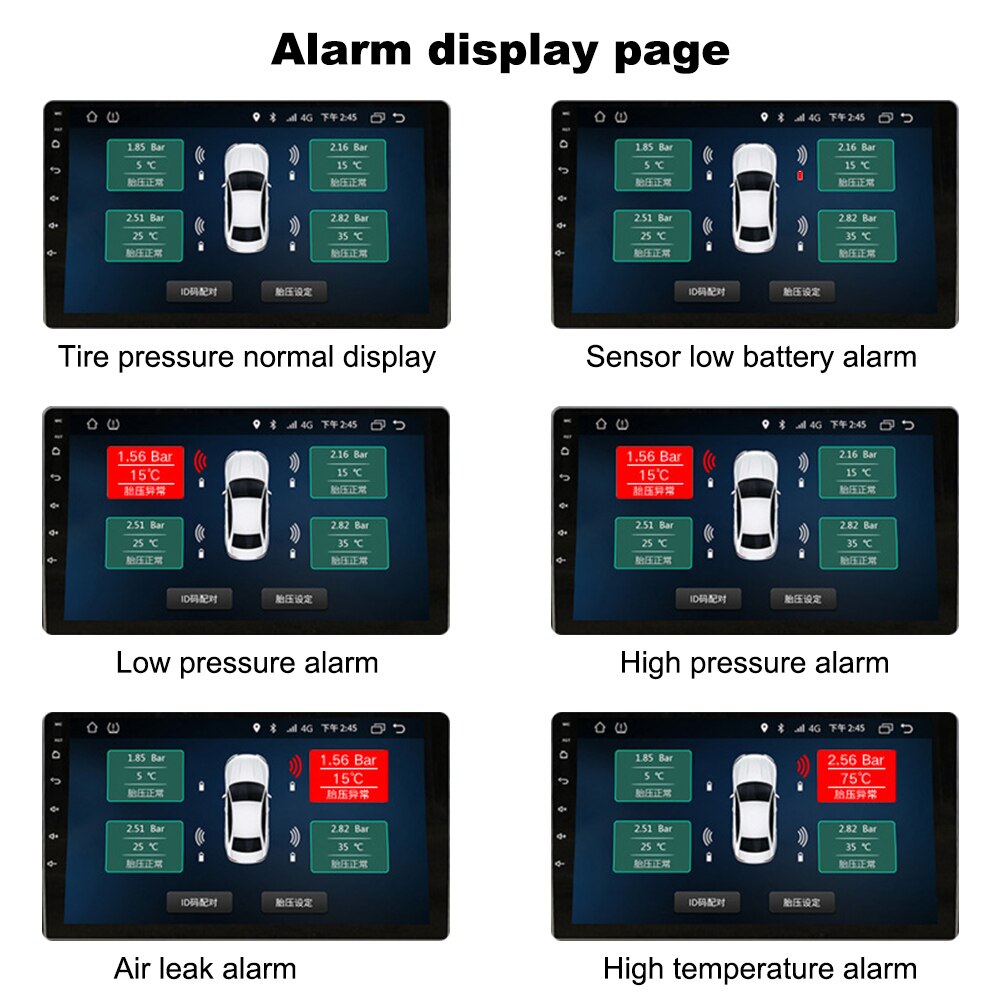 Système de navigation Android TPMS avec 4 capteurs, système d'alarme, USB, voiture Android TPMS, transmission sans fil, opathie, surveillance de la pression