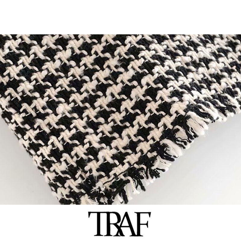 Traf Vrouwen Vintage Stijlvolle Gerafeld Kwastje Oversized Tweed Plaid Jas Mode Lange Mouwen Pockets Bovenkleding Chic Tops