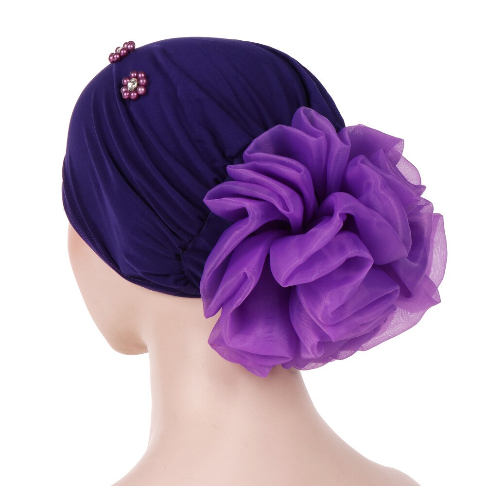 Braid Faux Pearl Muslim Women Turban Hat Solid Color Cap Hijab Headwrap