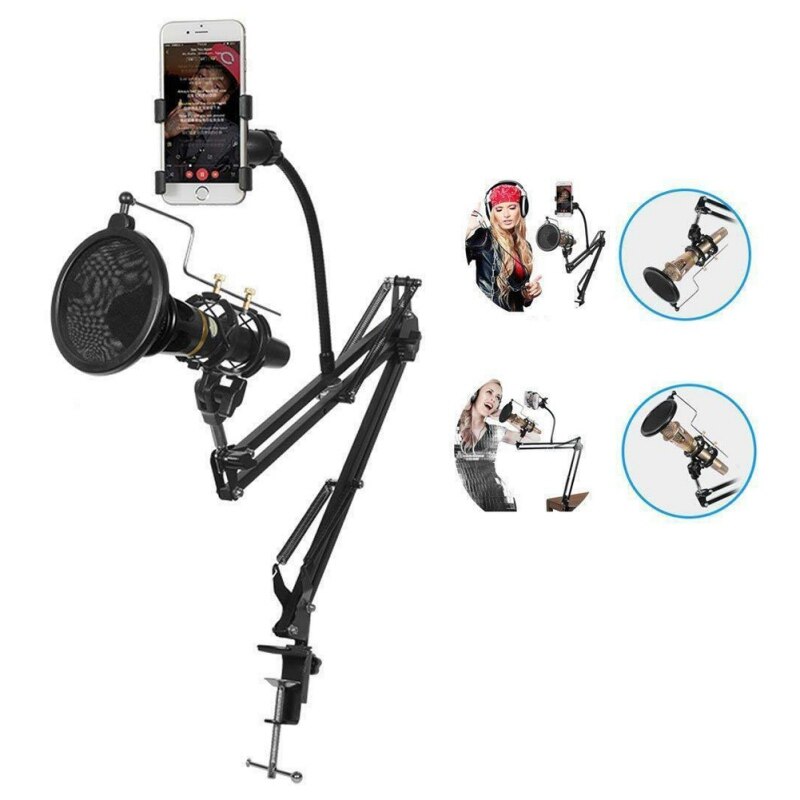 Microphone Stand With Mic -Pop Filter And Universal Cell Phone Holder Shock Mount Phone Holder US Stock