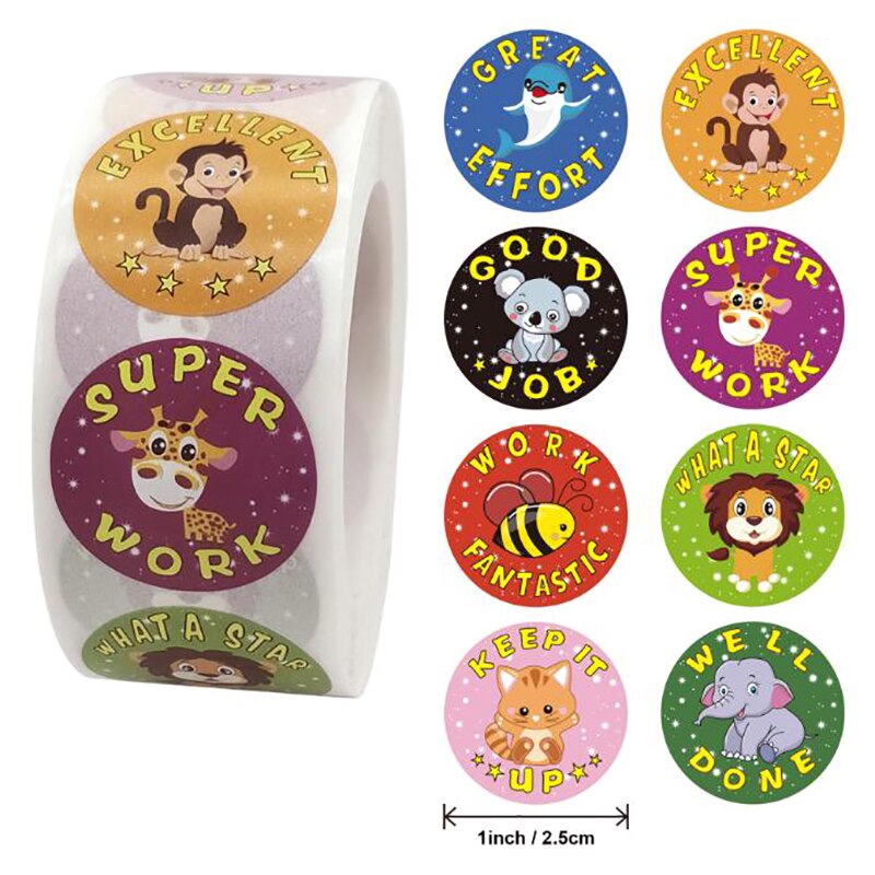 500Pcs/Roll Kids Motivatie Stickers Beloning Stickers Aanmoediging Sticker Roll Met Leuke Dieren (Willekeurige Levering)
