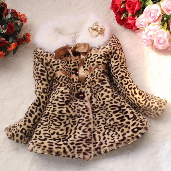 Winter Jacket For Girls Leopard Faux Fur Coats Children Kids Warm Thick Plush Princess Outwear Tops Doudoune Enfants: 4T