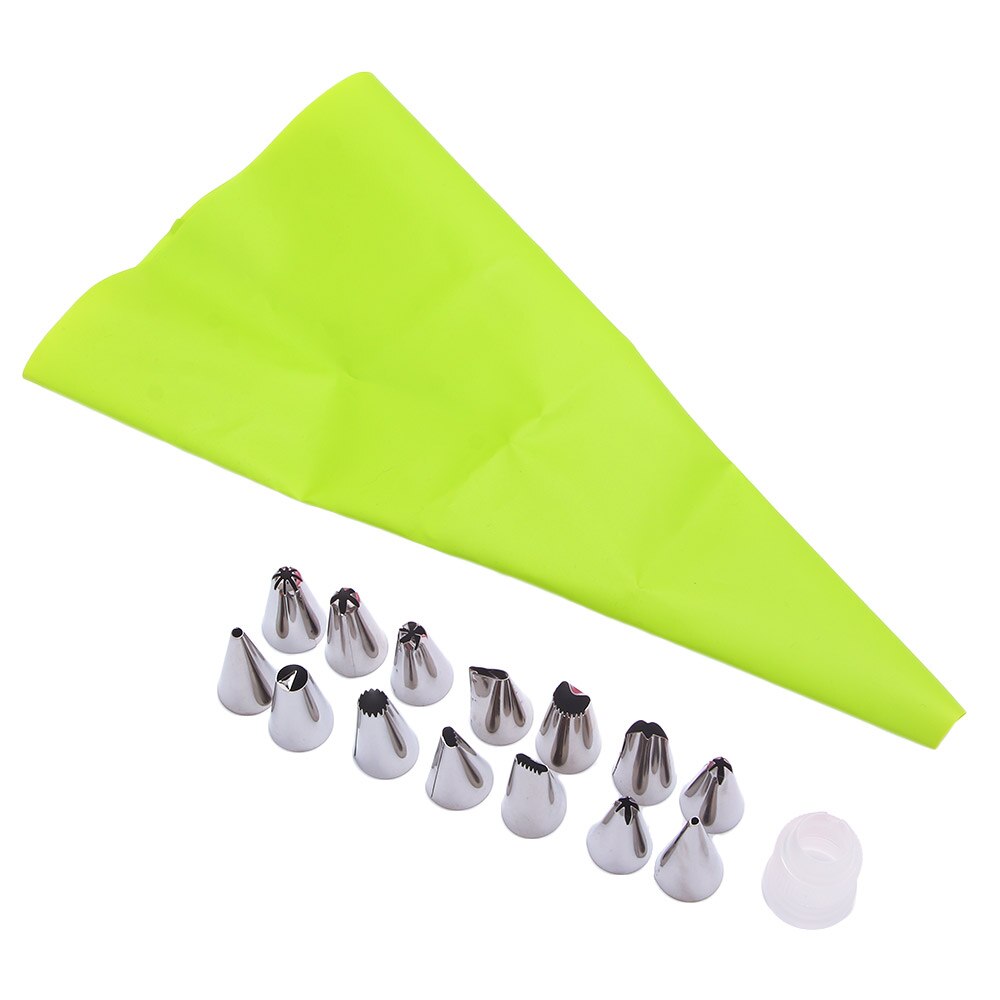 16 uds/Set de manga pastelera de silicona para glaseado bolsa de crema pastelera + 14 Uds boquilla de acero inoxidable adaptador de boquillas de manga pastelera DIY herramientas de decoración de pasteles: Green