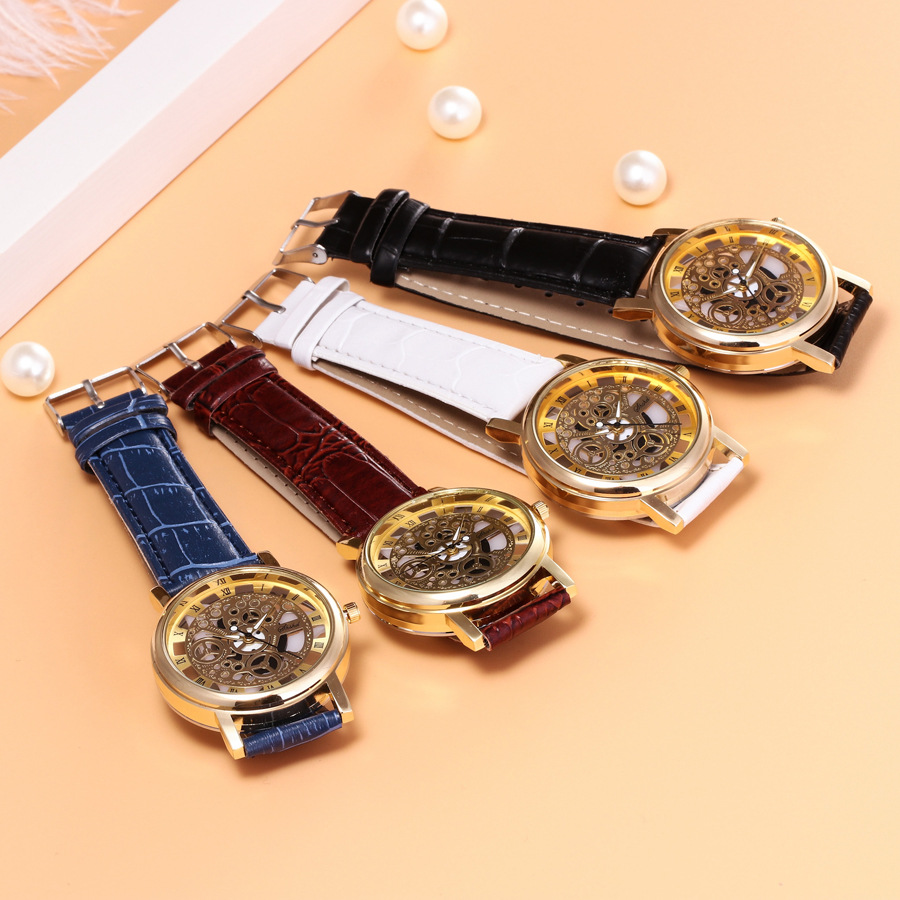 Foloy Watch For Men PU Leather Band Hollowing out Analog Alloy Quartz Wrist Watches Men Watch Clock
