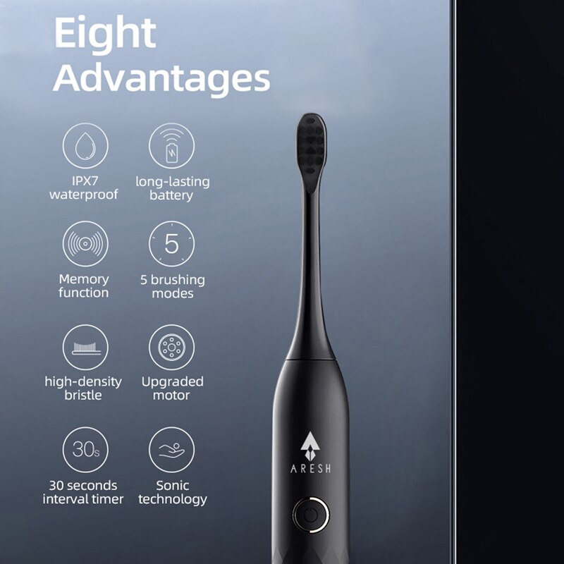 Sort forretning elektrisk tandbørste aresh  l1 smart genopladelig sonisk tandbørste 5 tilstand voksen ipx 7 automatisk ultralydsbørste