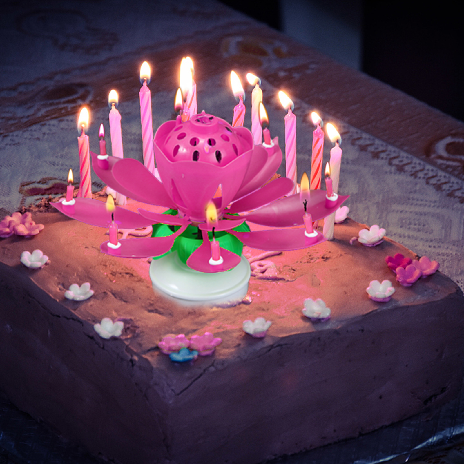 Vela Musical giratoria exquisita con forma de flor de loto, velas desechables, de de cumpleaños, pasteles para niños, decoraciones DIY,