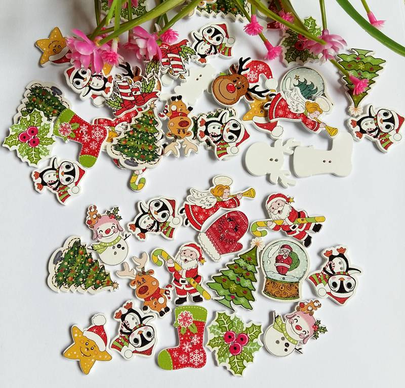 20 of 50 stks/partij gemengde Kerst stijl knoppen kleurrijke houten knoppen voor craft Supplies scrapbooking naaien accessoires: Mix  Style