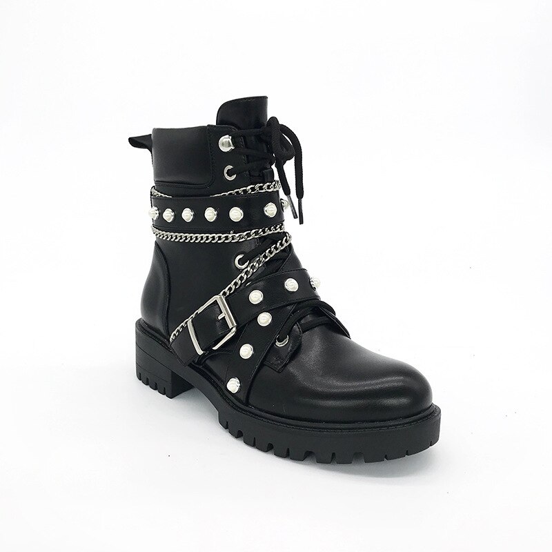 Kvinner punk motorsykkel støvler metall kjede dekorasjon plattform firkantet hæl studded zip trend kule biker sko kvinne