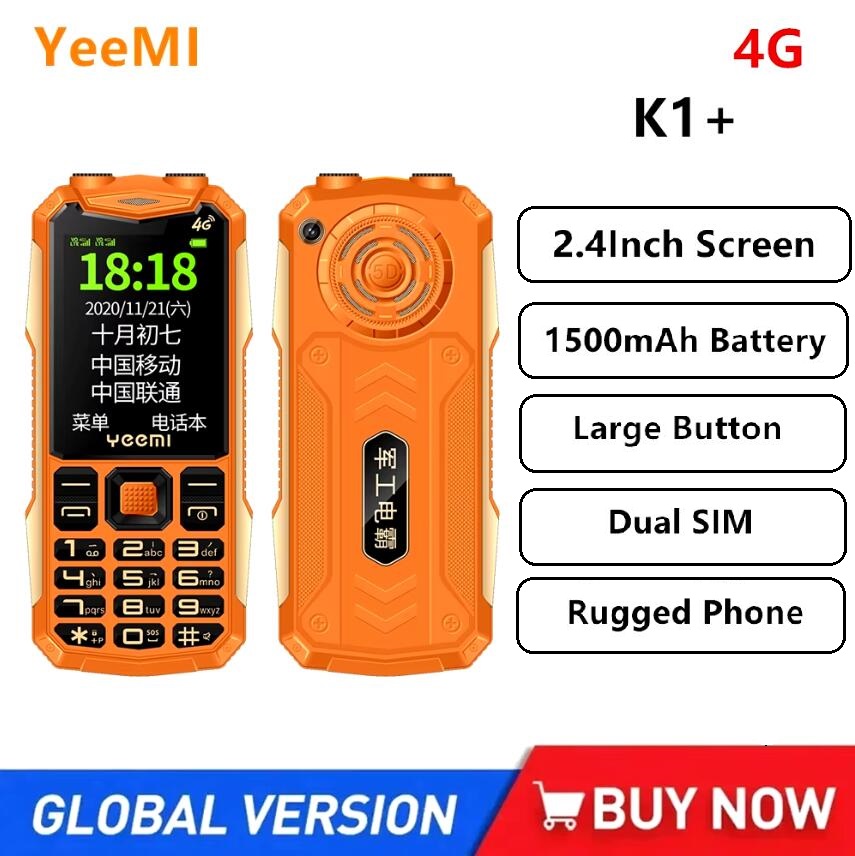 Yeemi k1 + 4g resistente à prova d' água recurso telefone 2.4 Polegada botão sos alto-falante grande luz led 1500mah bateria telefone móvel para idosos