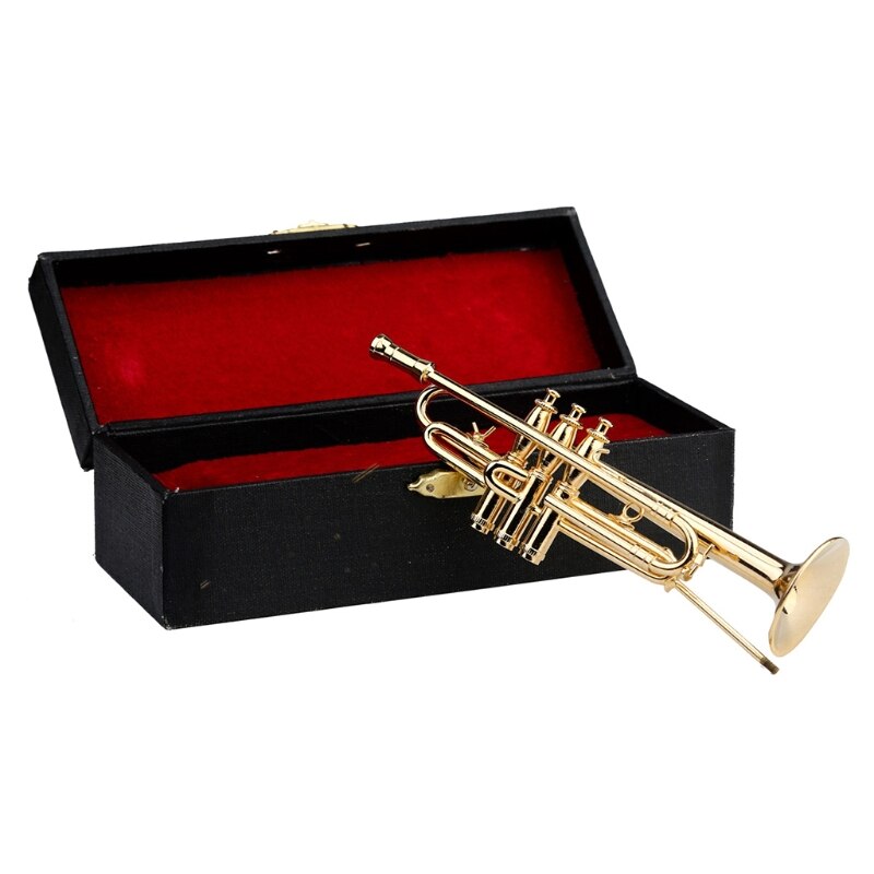 Mini Trombone Trompet Saxofoon Koperen Vergulde Model Ornament Met Stand &amp; Box Voor Miniatuur Musical Woondecoratie: 47mm plus piano case