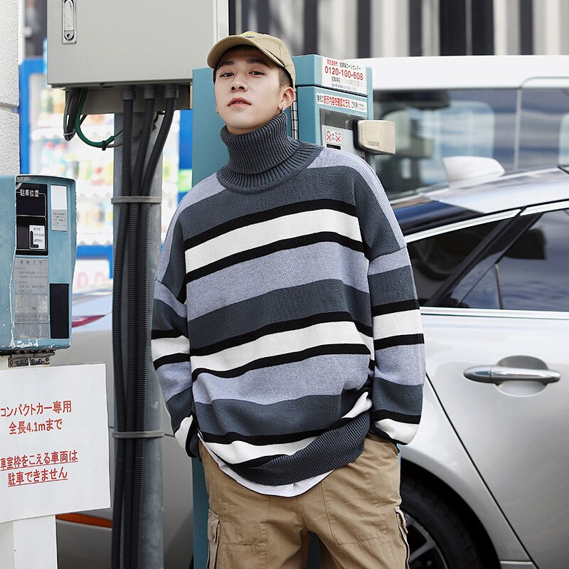 Stribet rullekrave sweater til mænd vinter varmt tøj koreanske løs trends pullover toppe vintage teenagere strik streetwear